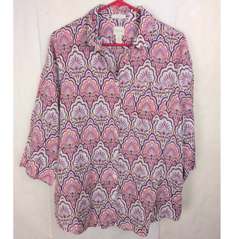 Chicos linen pink and purple artsy floral button up shirt Size 2/Lrg Boho Retro